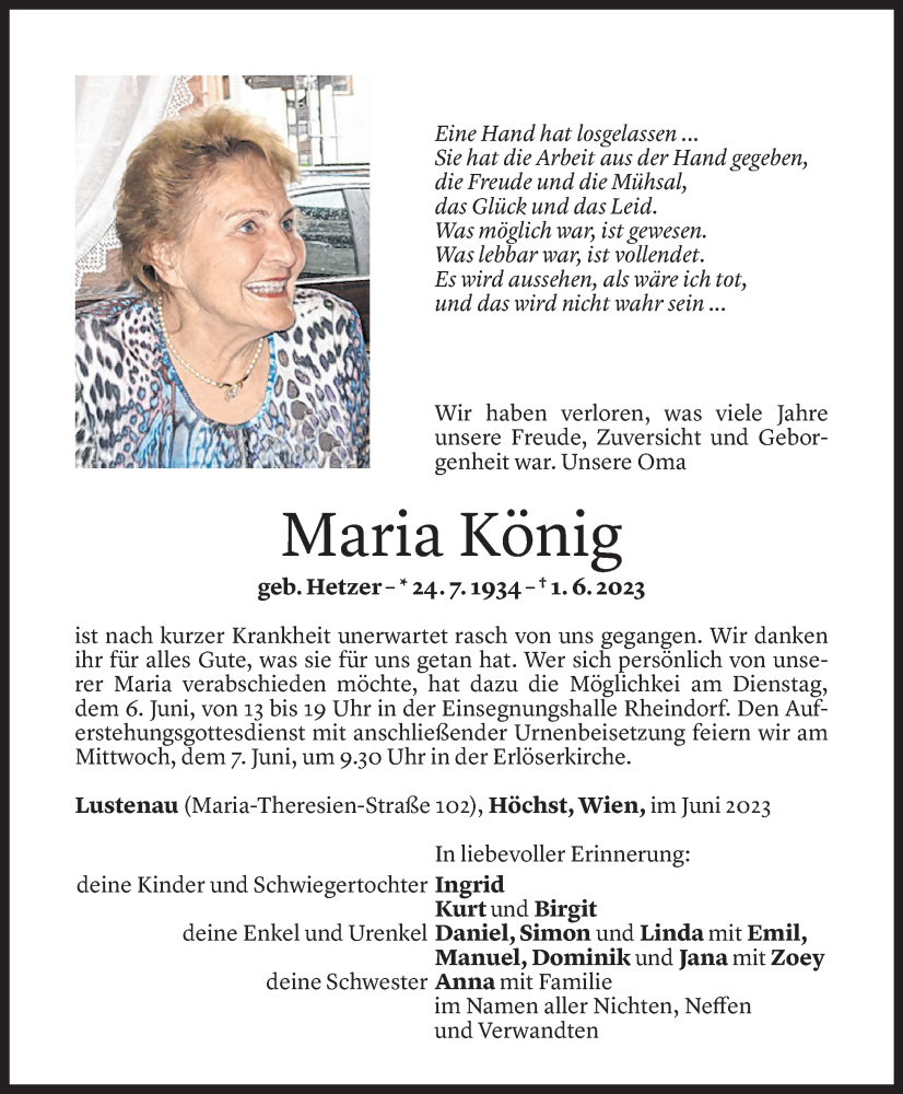  Todesanzeige für Maria König vom 04.06.2023 aus Vorarlberger Nachrichten