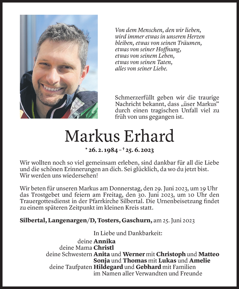  Todesanzeige für Markus Erhard vom 29.06.2023 aus Vorarlberger Nachrichten
