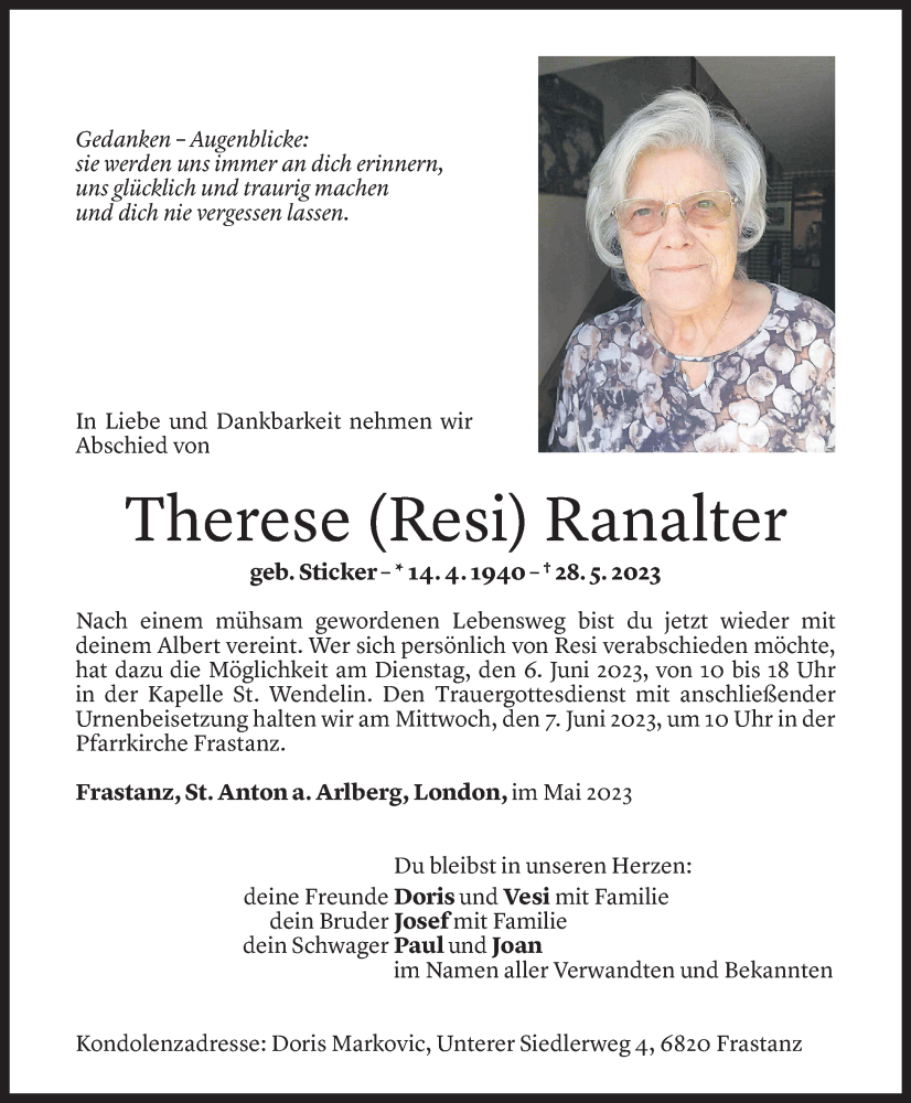  Todesanzeige für Therese Ranalter vom 02.06.2023 aus Vorarlberger Nachrichten