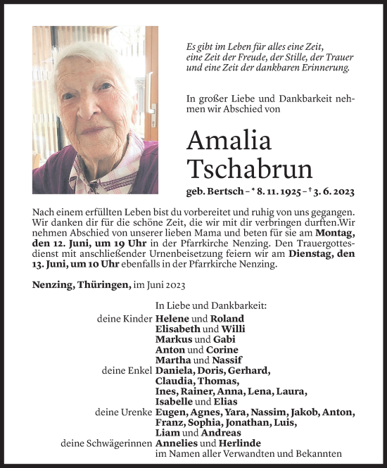 Todesanzeige von Amalia Tschabrun von Vorarlberger Nachrichten
