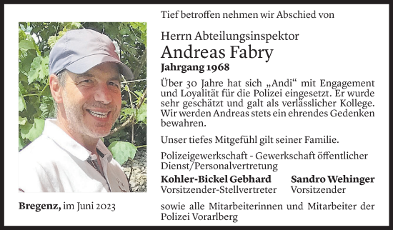 Todesanzeige von Andreas Fabry von Vorarlberger Nachrichten