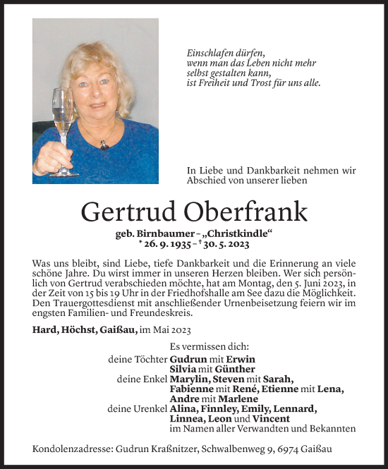Todesanzeige von Gertrud Oberfrank von Vorarlberger Nachrichten