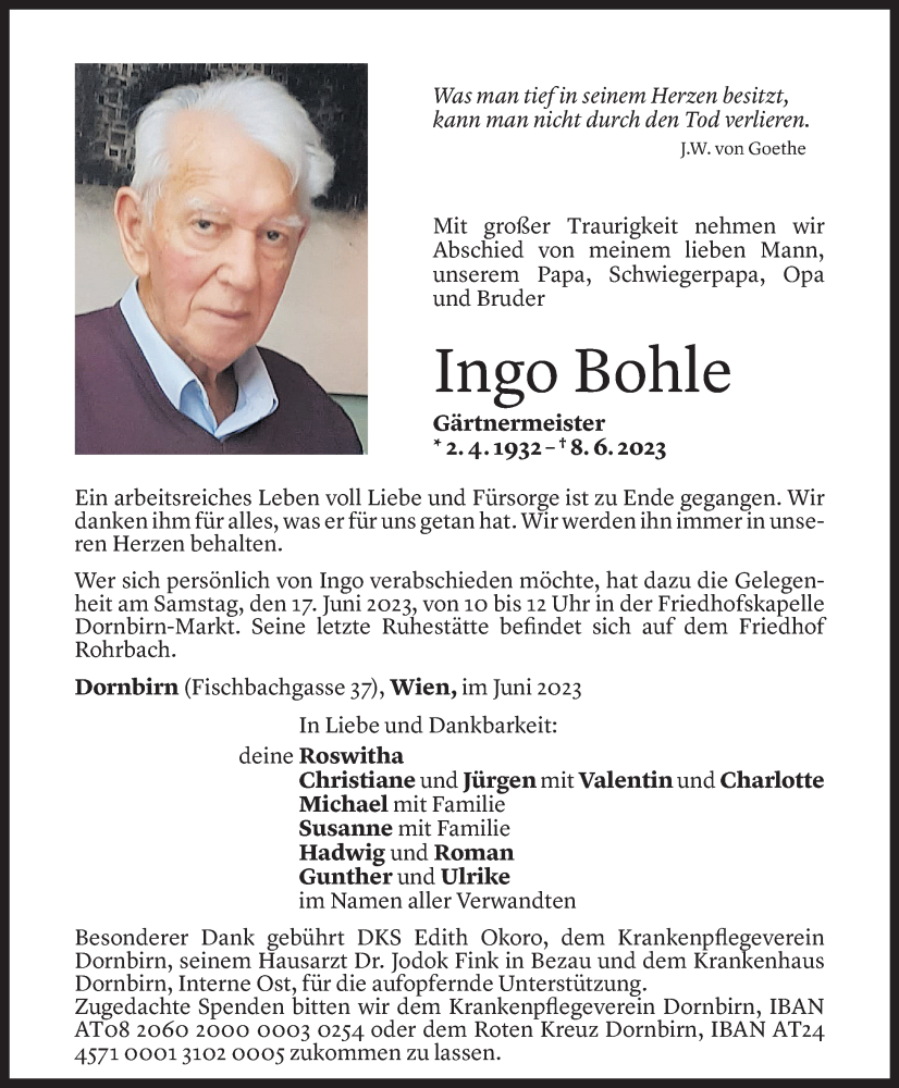 Todesanzeigen von Ingo Bohle | Todesanzeigen Vorarlberger Nachrichten