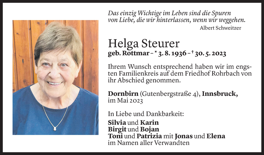  Todesanzeige für Helga Steurer vom 07.06.2023 aus Vorarlberger Nachrichten