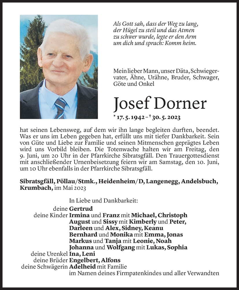  Todesanzeige für Josef Dorner vom 06.06.2023 aus Vorarlberger Nachrichten