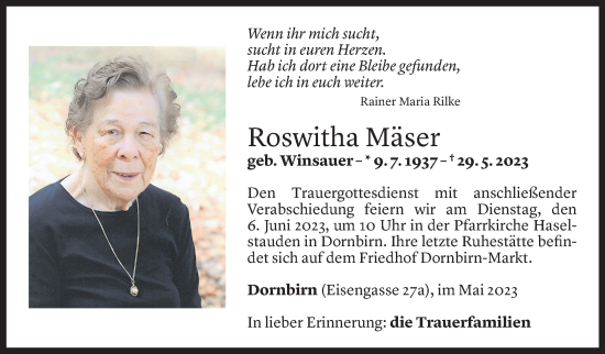 Todesanzeige von Roswitha Mäser von Vorarlberger Nachrichten
