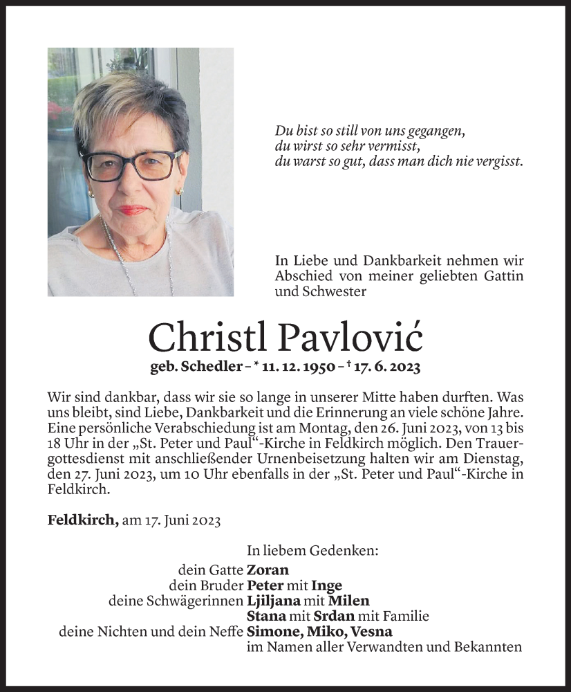  Todesanzeige für Christl Pavlovic vom 23.06.2023 aus Vorarlberger Nachrichten