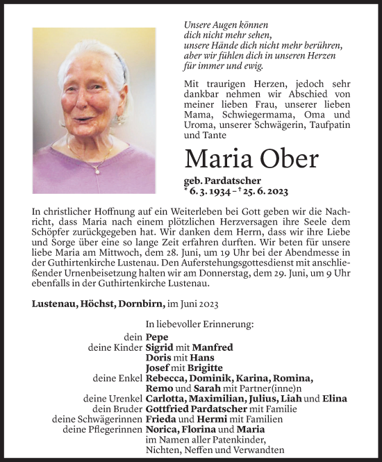 Todesanzeige von Maria Ober von Vorarlberger Nachrichten