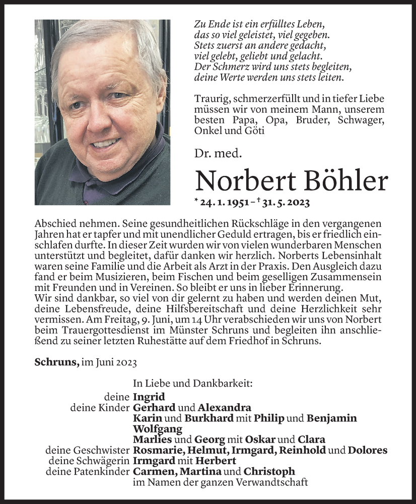  Todesanzeige für Norbert Böhler vom 05.06.2023 aus Vorarlberger Nachrichten