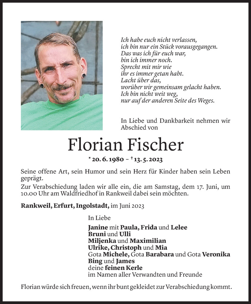  Todesanzeige für Florian Fischer vom 10.06.2023 aus Vorarlberger Nachrichten