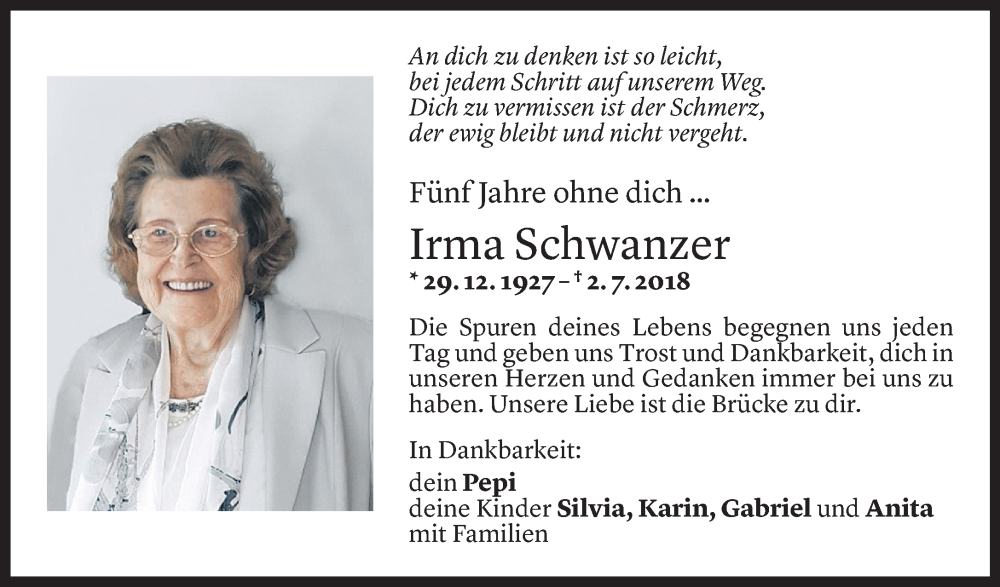  Todesanzeige für Irma Schwanzer vom 30.06.2023 aus Vorarlberger Nachrichten