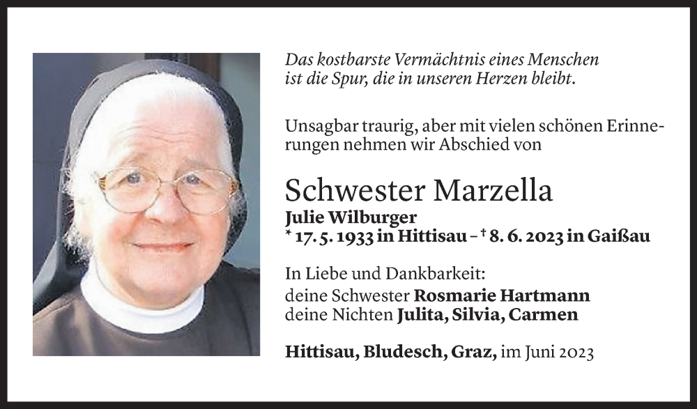  Todesanzeige für Marzella Wilburger vom 09.06.2023 aus Vorarlberger Nachrichten