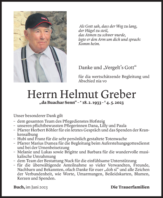 Todesanzeige von Helmut Greber von Vorarlberger Nachrichten