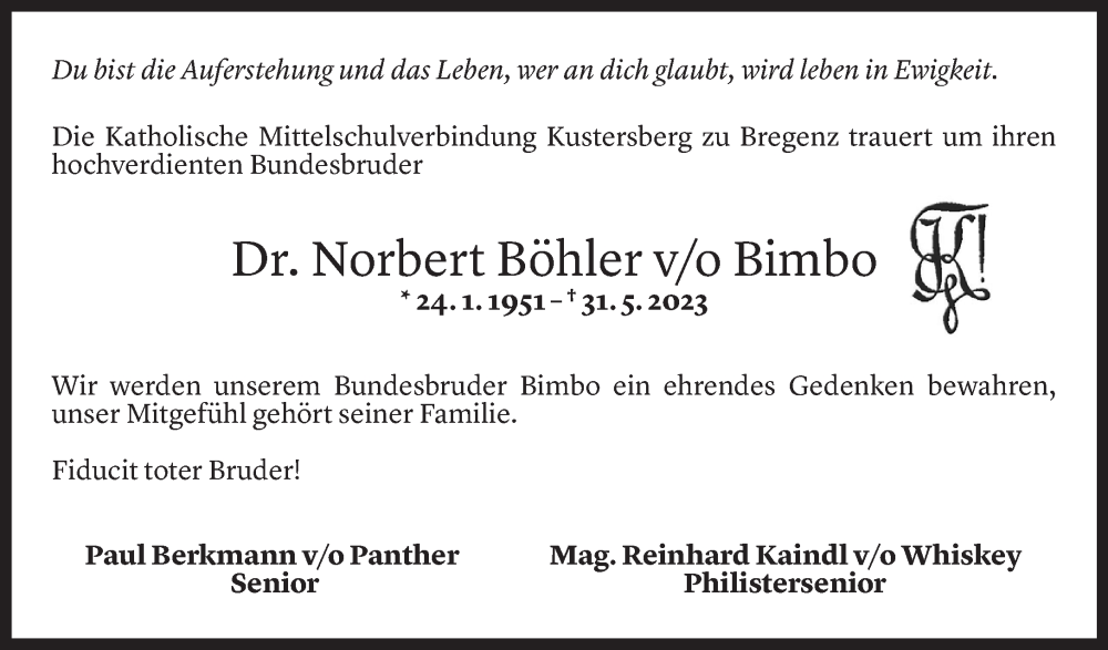  Todesanzeige für Norbert Böhler vom 07.06.2023 aus Vorarlberger Nachrichten