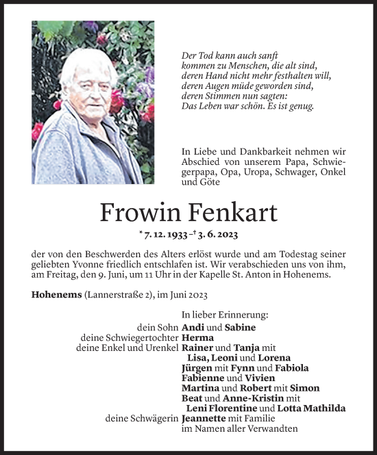 Todesanzeige von Frowin Fenkart von Vorarlberger Nachrichten