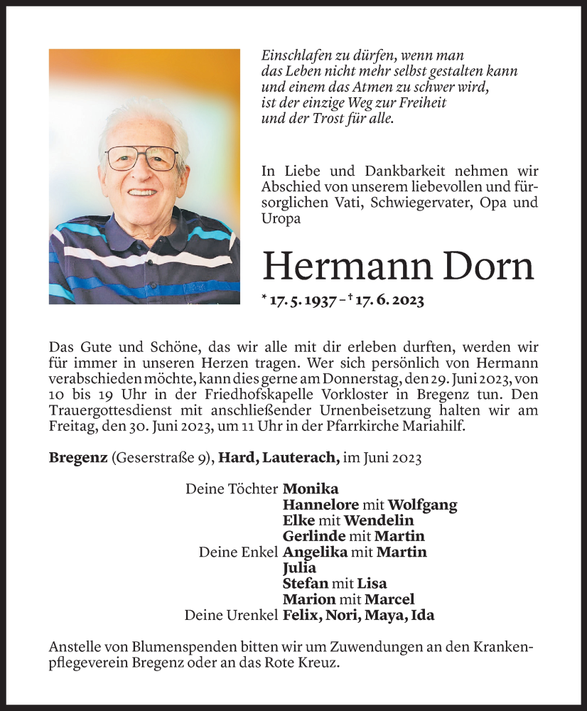  Todesanzeige für Hermann Dorn vom 23.06.2023 aus Vorarlberger Nachrichten