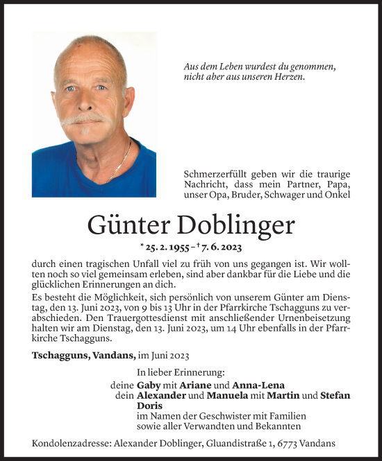 Todesanzeige von Günter Doblinger von Vorarlberger Nachrichten