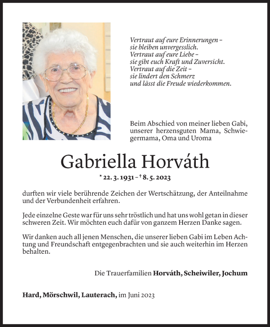 Todesanzeige von Gabriella Horvath von Vorarlberger Nachrichten