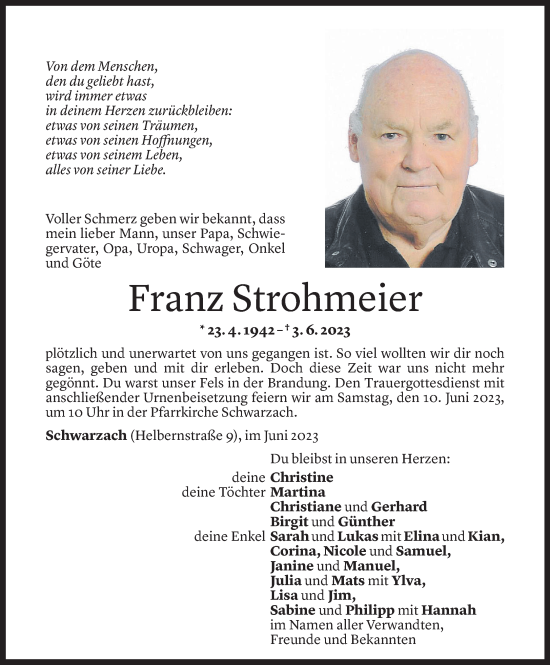 Todesanzeige von Franz Strohmeier von Vorarlberger Nachrichten
