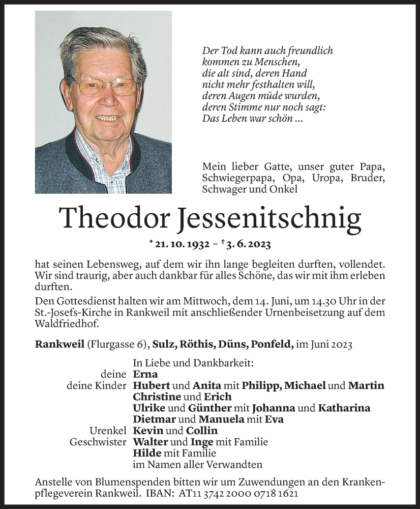  Todesanzeige für Theodor Jessenitschnig vom 10.06.2023 aus Vorarlberger Nachrichten