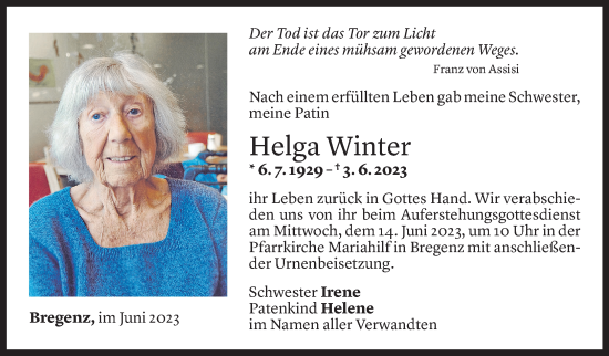Todesanzeige von Helga Winter von Vorarlberger Nachrichten