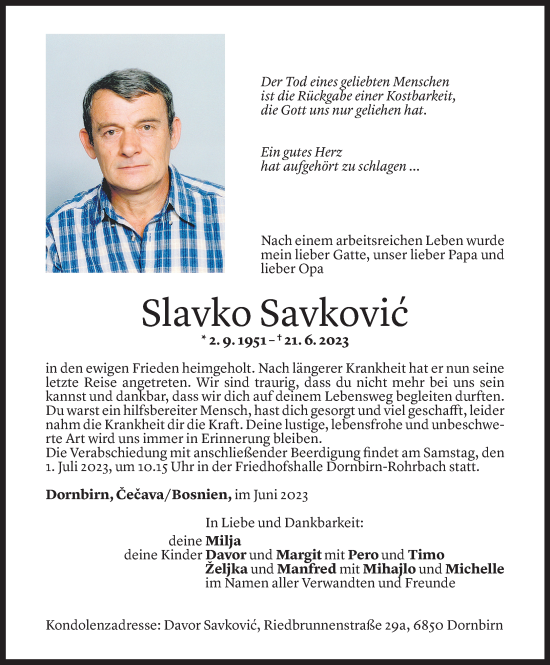Todesanzeige von Slavko Savkovic von Vorarlberger Nachrichten