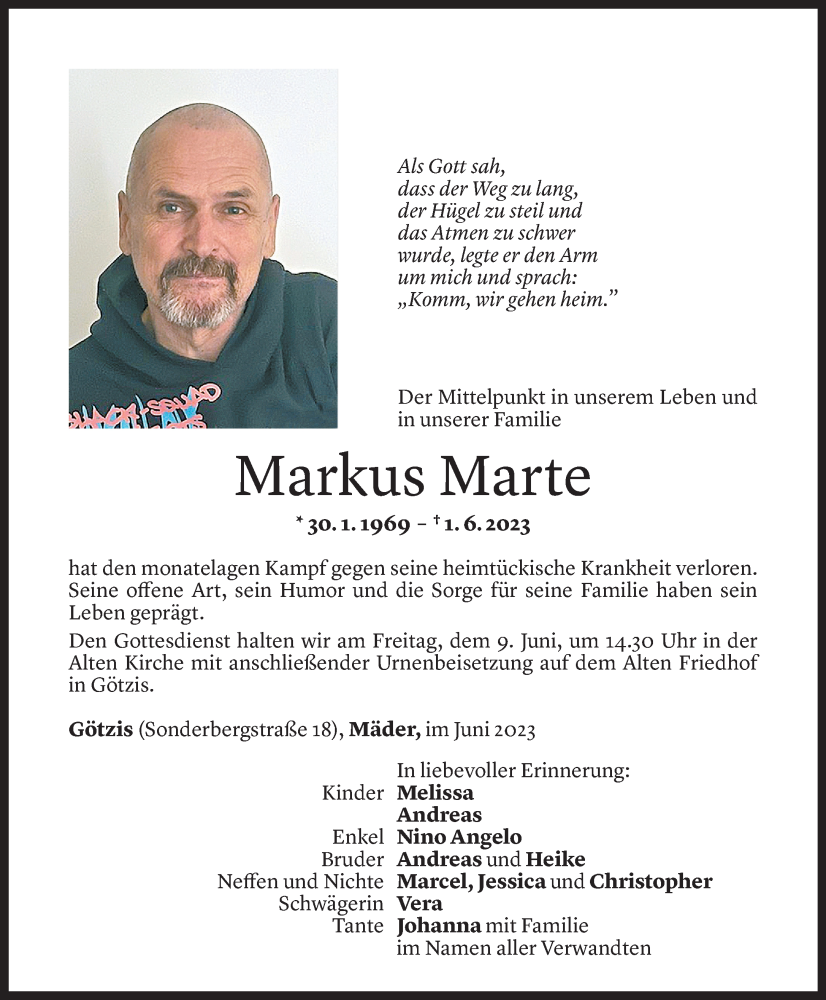  Todesanzeige für Markus Marte vom 07.06.2023 aus Vorarlberger Nachrichten