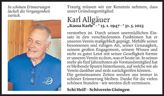 Todesanzeige von Karl Allgäuer von Vorarlberger Nachrichten