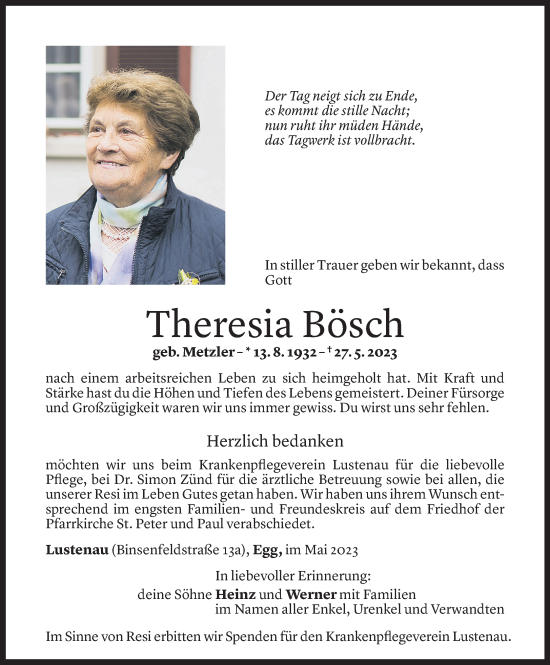 Todesanzeige von Theresia Bösch von Vorarlberger Nachrichten