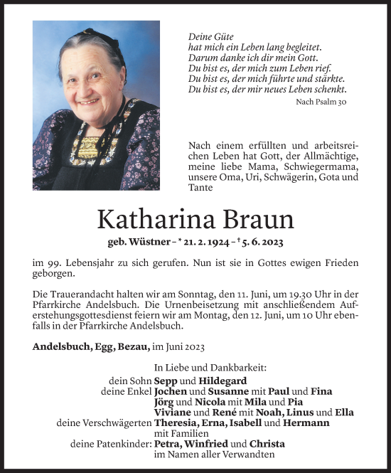 Todesanzeige von Katharina Braun von Vorarlberger Nachrichten