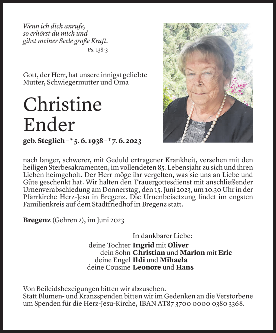 Todesanzeige von Christine Ender von Vorarlberger Nachrichten