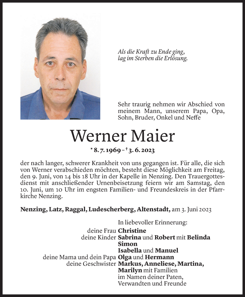  Todesanzeige für Werner Maier vom 07.06.2023 aus Vorarlberger Nachrichten