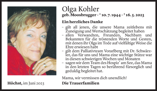 Todesanzeige von Olga Kohler von Vorarlberger Nachrichten