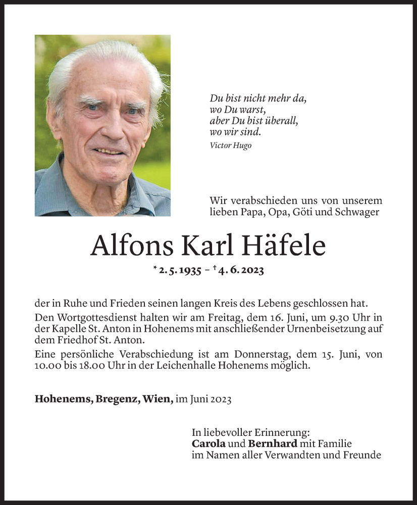  Todesanzeige für Alfons Karl Häfele vom 10.06.2023 aus Vorarlberger Nachrichten