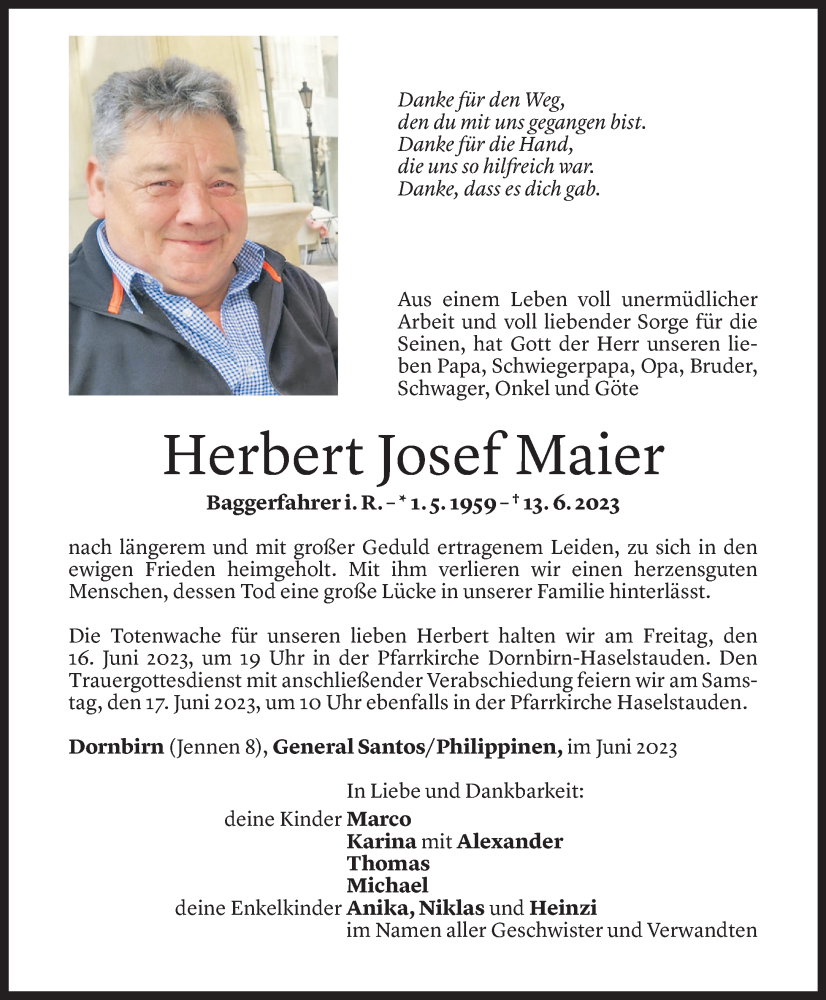  Todesanzeige für Herbert Josef Maier vom 15.06.2023 aus Vorarlberger Nachrichten