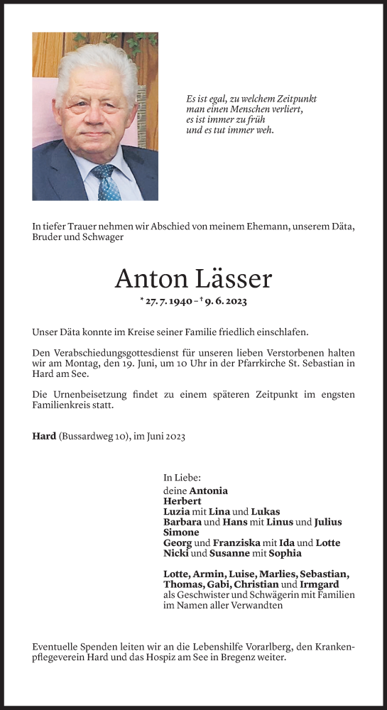 Todesanzeige von Anton Lässer von Vorarlberger Nachrichten