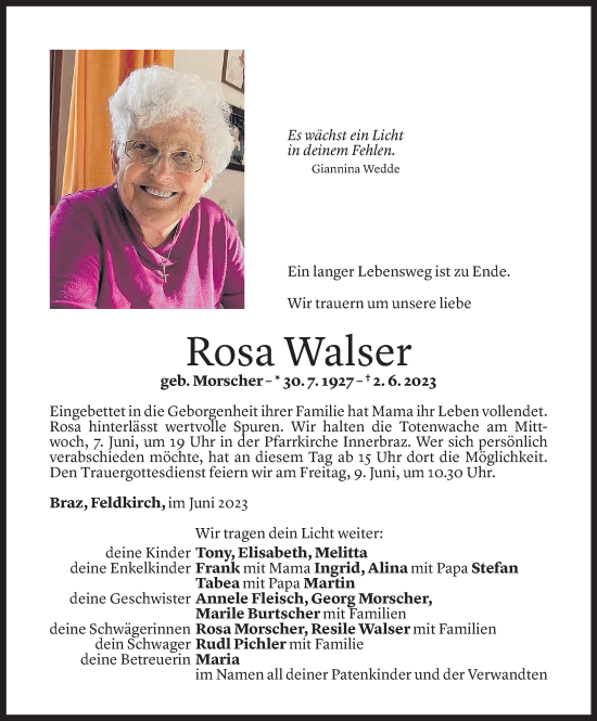 Todesanzeige von Rosa Maria Walser von Vorarlberger Nachrichten