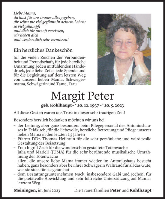Todesanzeige von Margit Peter von Vorarlberger Nachrichten