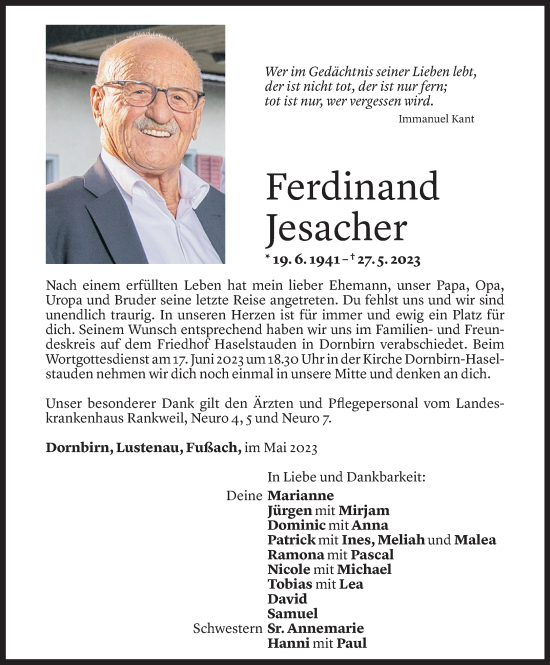 Todesanzeige von Ferdinand Jesacher von Vorarlberger Nachrichten