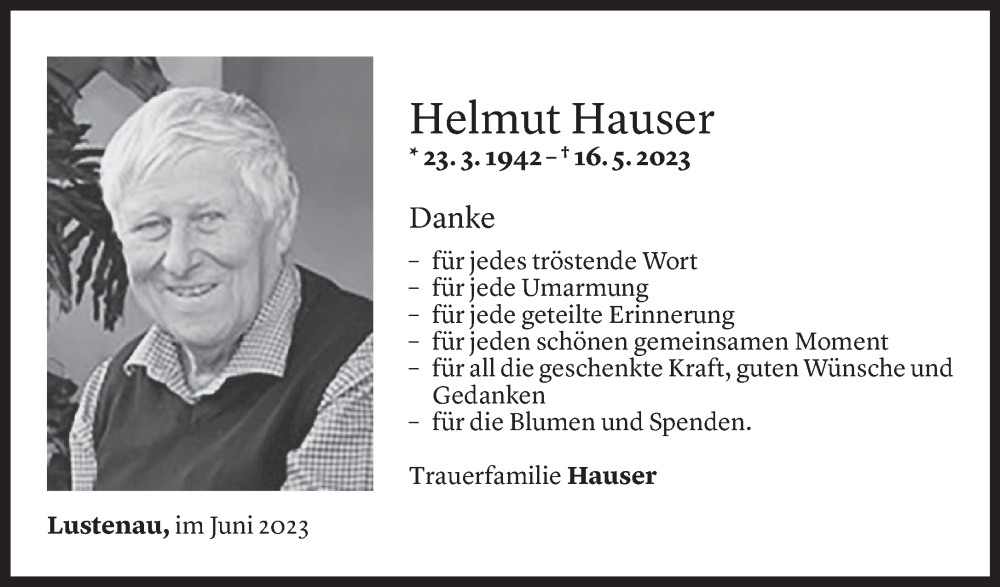 Todesanzeige für Helmut Hauser vom 08.06.2023 aus Vorarlberger Nachrichten