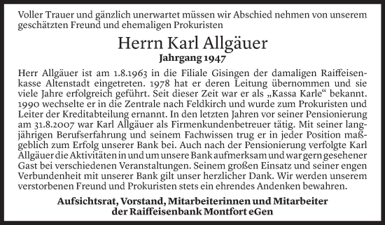 Todesanzeige von Karl Allgäuer von Vorarlberger Nachrichten