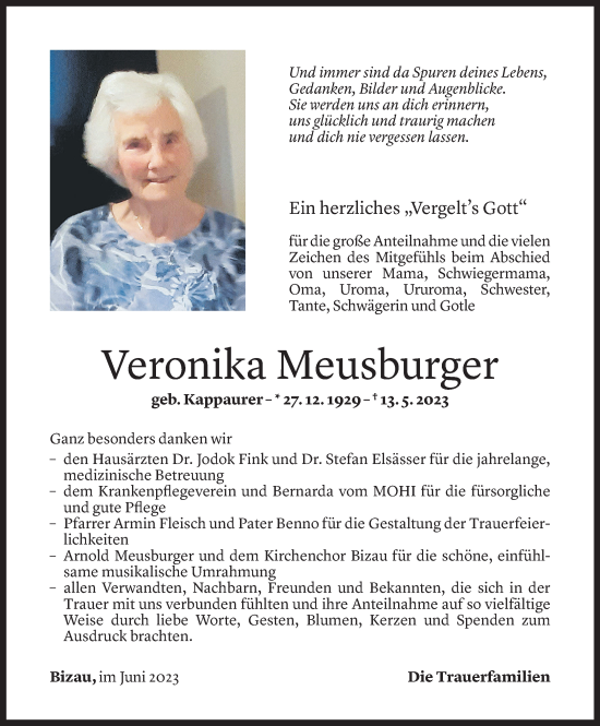 Todesanzeige von Veronika Meusburger von Vorarlberger Nachrichten