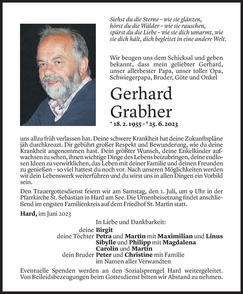  Todesanzeige für Gerhard Grabher vom 29.06.2023 aus Vorarlberger Nachrichten