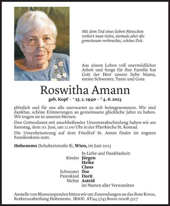 Todesanzeige von Roswitha Amann von Vorarlberger Nachrichten
