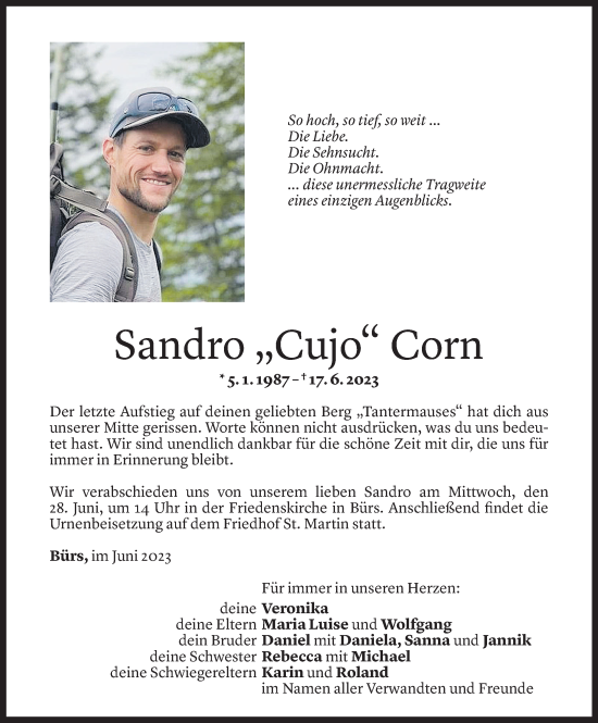 Todesanzeige von Sandro Corn von Vorarlberger Nachrichten