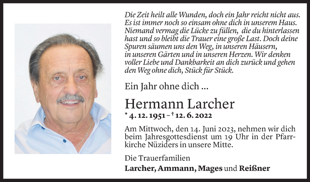  Todesanzeige für Hermann Larcher vom 09.06.2023 aus Vorarlberger Nachrichten