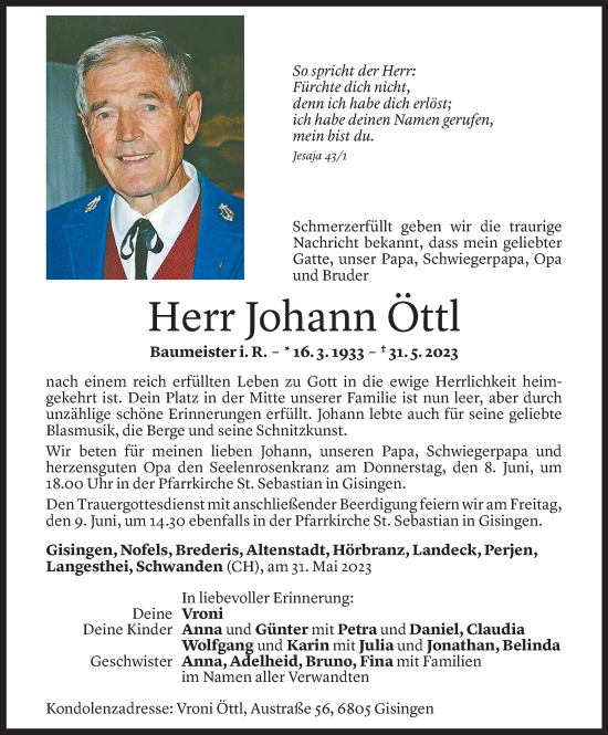 Todesanzeige von Johann Öttl von Vorarlberger Nachrichten