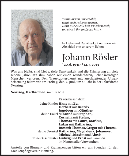 Todesanzeige von Johann Rösler von Vorarlberger Nachrichten