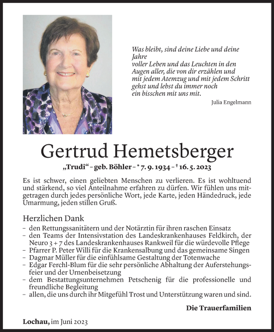 Todesanzeige von Gertrud Hemetsberger von Vorarlberger Nachrichten