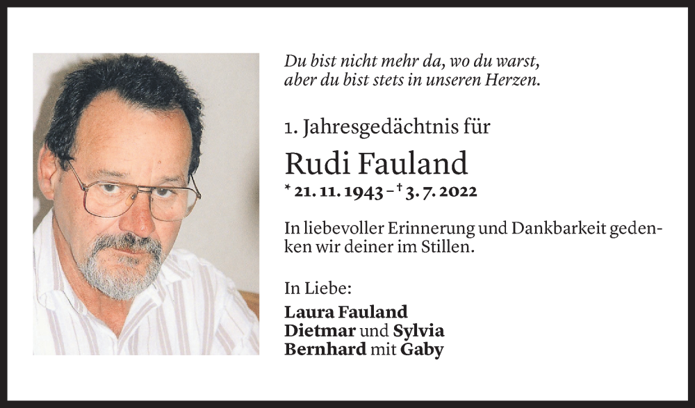  Todesanzeige für Rudolf Fauland vom 02.07.2023 aus Vorarlberger Nachrichten